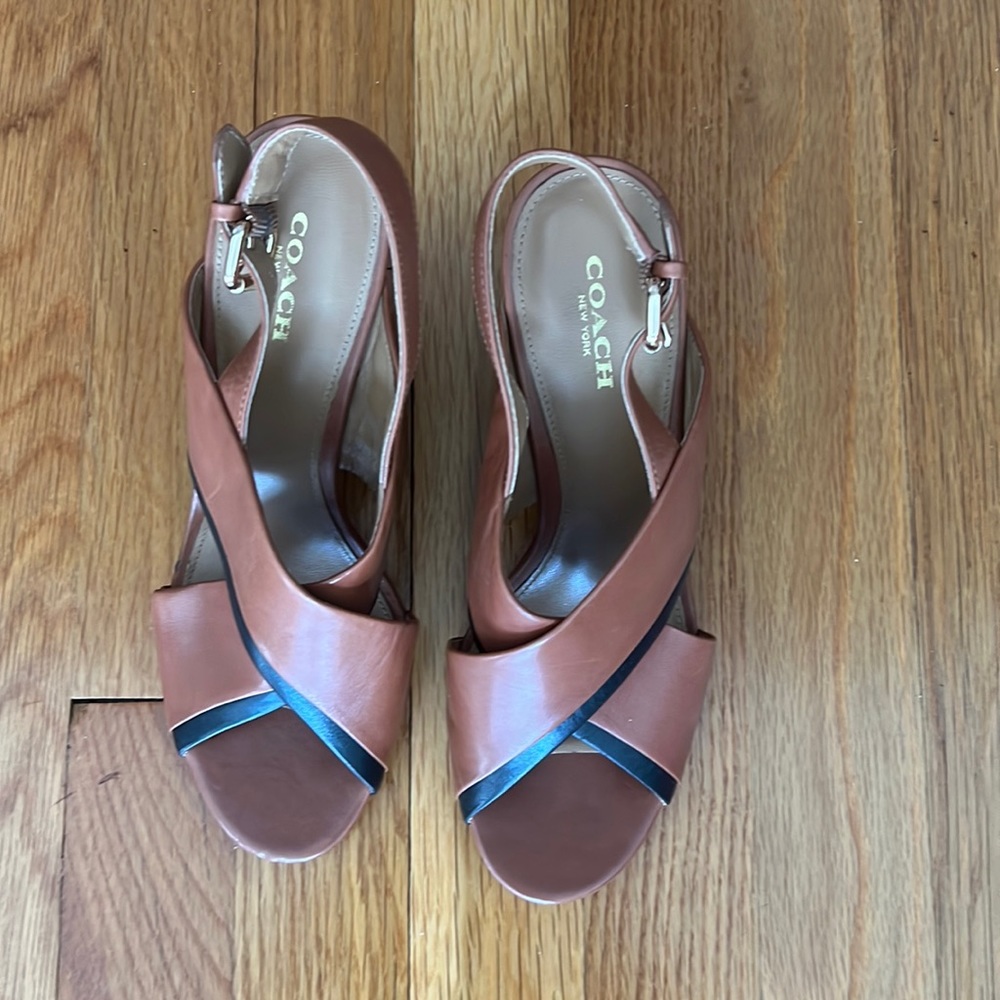 Coach Randy Wedge Sandals in Saddle Brown with Black Trim